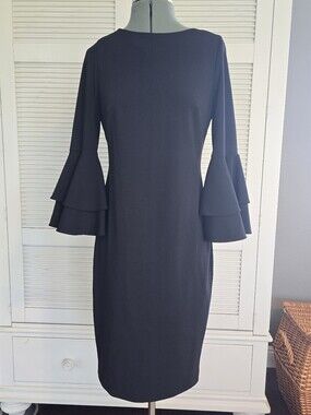 Calvin Klein Black Tiered-Ruffle Long-Sleeve Sheath Dress